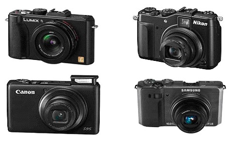 По часовой стрелке, начиная слева сверху: Panasonic Lumix DMC-LX5, Nikon Coolpix P7000, Samsung EX1 и Canon PowerShot S95
