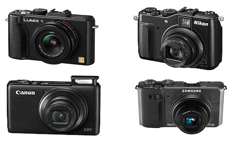 По часовой стрелке, начиная слева сверху: Panasonic Lumix DMC-LX5, Nikon Coolpix P7000, Samsung EX1 и Canon PowerShot S95 По часовой стрелке, начиная слева сверху: Panasonic Lumix DMC-LX5, Nikon Coolpix P7000, Samsung EX1 и Canon PowerShot S95